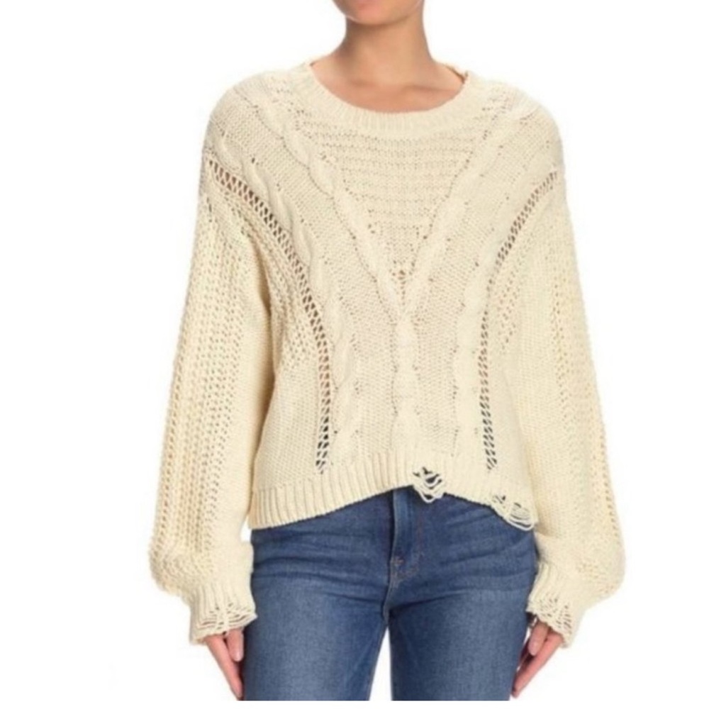 WILDFOX Waldorf Chunky Cable Knit Distressed Sweater Ivory Cream